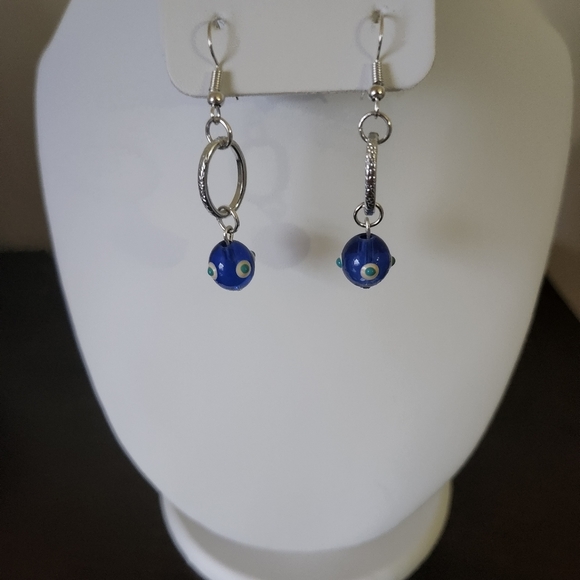 Evil Eye Silver Hoop Hook Earrings - Picture 3 of 4